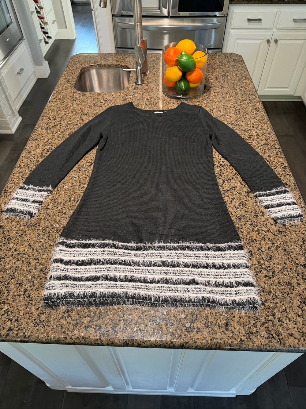 Cato Black Long Sleeve Knit Tunic with White Fringe Trim